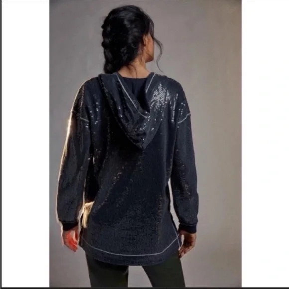 ANTHROPOLOGIE Sequined Hoodie Side Slit Sweater Tunic Pullover Top Black XS NWT - Picture 2 of 13
